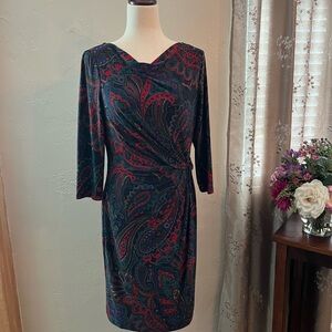 Lauren Ralph Lauren Size 6 Navy Blue and Red Paisley Ruched Knot Sheath Dress